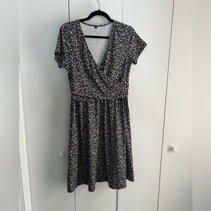 Wrap-Front Short Sleeve Nursing Dress - Black Floral